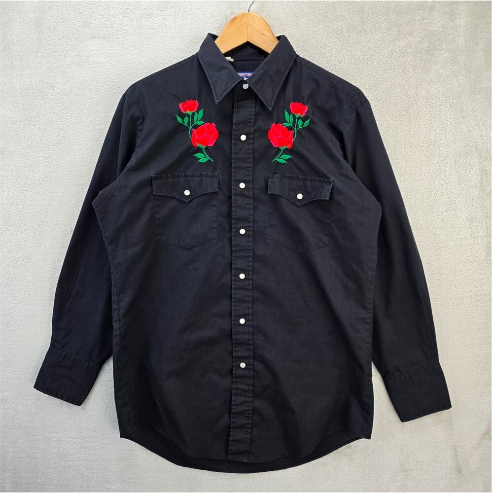 Vintage Chute #1 Western Pearl Snap Shirt Medium Black Rose Floral Embroidery